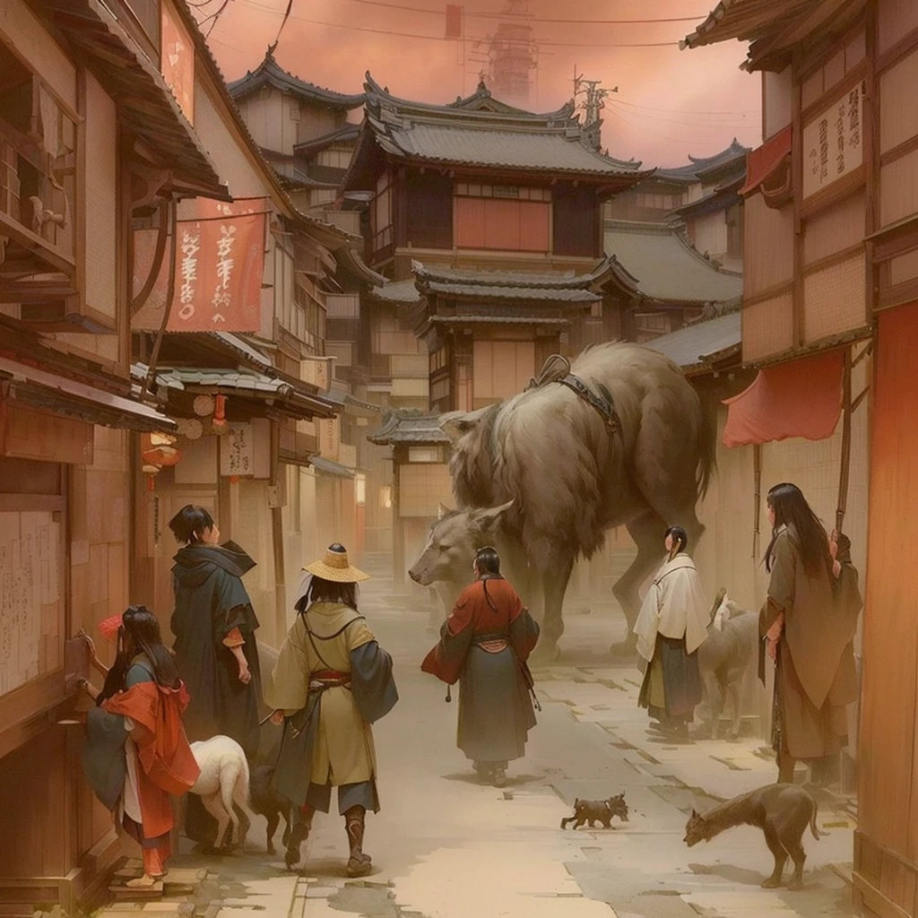 People in the center々Cityscape with animals, by Kamisaka Sekka, Traditional Japanese concept art, Old Asian Village, Video game concept art, concept art scene, Japanese Street, cinematic concept art, Japanese Village, feudal japan art, Concept work, Japan Streets, Concept Painting, or period, Professional Concept Art, Or how to do it