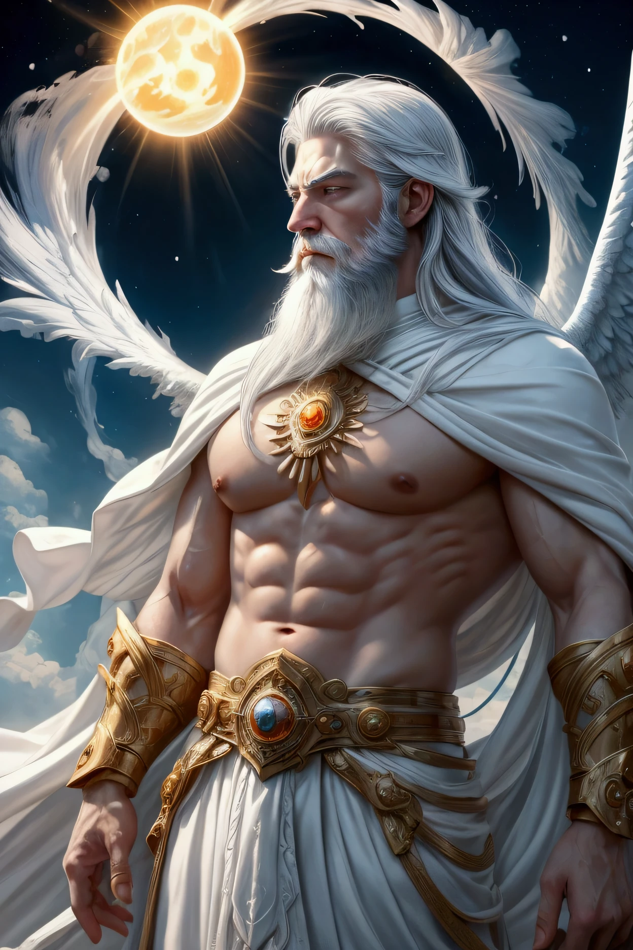 （best quality，ultra-detailed，Best illustration，Best shadow，masterpiece，high resolution，professional art，famous art）LORD of light and heavens, with his majestic power, exuding blue and orange rays around his body , skin white like albino, skin like white porcelain, strong and muscular, strong LORD with his white beard and long white hair, bright eyes like the sun and strong light, in profile with his belt of gold and precious stones, surrounded by white clouds, scenery of a sky full of angels and beings of light