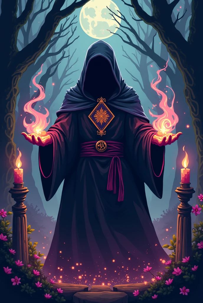 Create the main character with dark powers of tarot deck in a video game in 2D with pixel art 