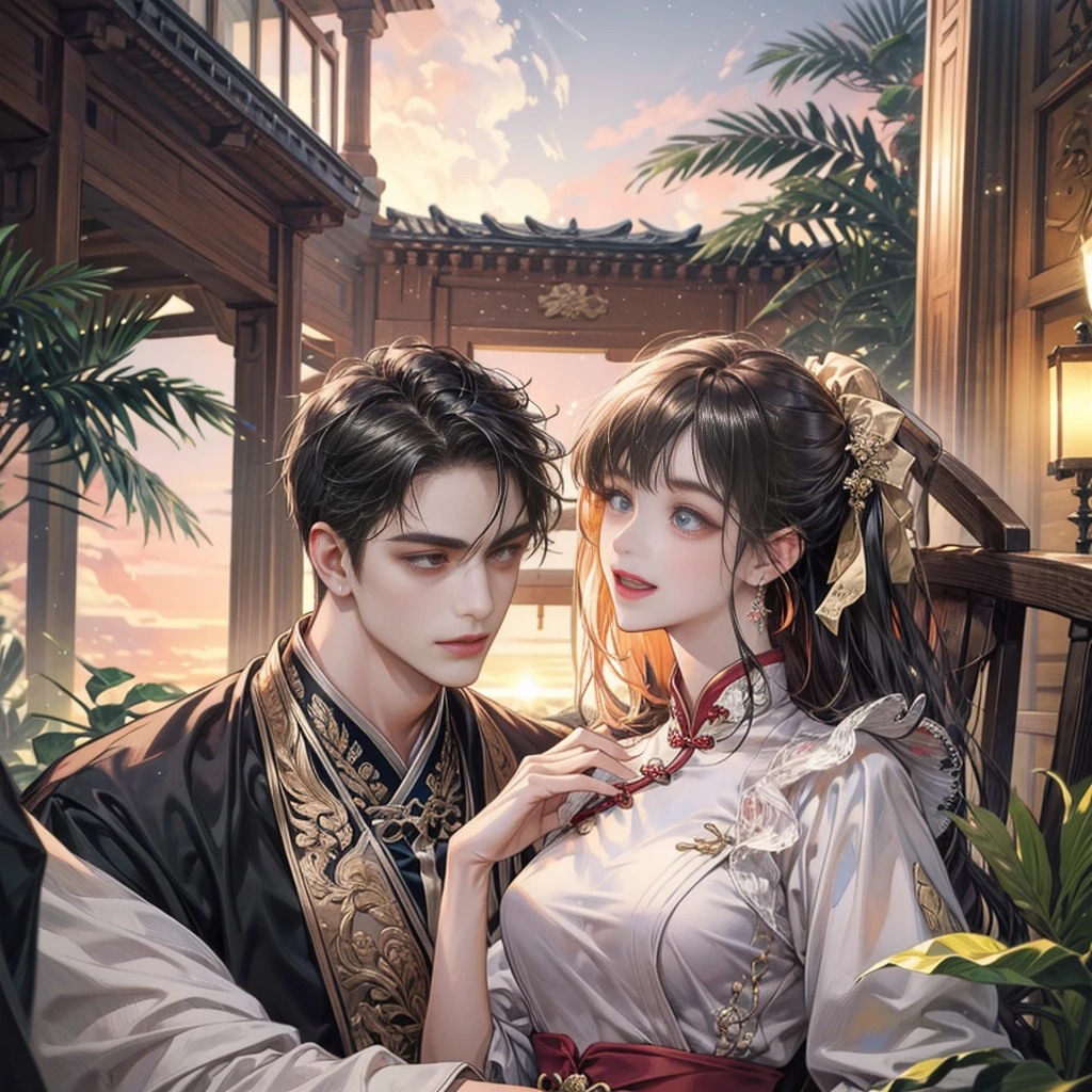 Character description: A man who is the resurrected form of Emperor Constantine. age:: 34 years old Appearance: Attractive and powerful impression。Well-proportioned face、Short Hair、Or a neatly trimmed hairstyle。There is kindness and determination in his eyes.。Muscular but slim build。 clothing: wear chinese clothes。High quality linen shirts and shorts、Unified with light materials typical of buzzer。Simple accessories such as watches and bracelets。 Twin children age: 7 years old Appearance: Cute、A lively and innocent expression。Boys and Girls。Similar traits unique to twins。black Hair、Bright smile。 clothing: Child-like light clothing。Boys in hanfu clothes、Girls can wear buzzer dresses or casual tops and skirts。Colourful clothes and accessories。 Background and atmosphere: Varna, Bulgaria Seasons: buzzer、Evening cool time。The sky is dyed orange and pink at sunset。You can also see the seaside view。 atmosphere: A refreshing and luxurious resort hotel。Beautiful gardens and pool、Elegant Building。The gentle breeze of the evening、Relaxed atmosphere。 Scenes and Relationships A happy and heartwarming scene of a father and son Action: A man watches over the twins、Scenes of them laughing and playing together。The twins are holding their father&#39;s hanther holding the twins in his arms。 expression: Men have a gentle and loving expression.。The twins have innocent and happy smiles。 Story elements Influence of past life and feelings of redemption Expression of emotions: Men&#39;s expressions and gestures、We can see regrets about the past and feelings of atonement.。Taking good care of my twin has helped ease those feelings.。 accent: For men&#39;s belongings and clothing design、Symbolic elements of resurrection love and rebirthAdd。 Additional elements based on the setting Successful businessman elements Props: High-end smartphones and laptops、Work tools。