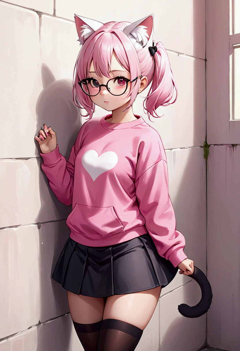 I have white pink hair, cat ears, a bun, my face is super blushing, black glasses, pink heart eyes, a big pink sweatshirt, a black skirt, black stockings, white shoes, a cat&#39;s tail, a girl. very shy that she is glued to a wall with her butt