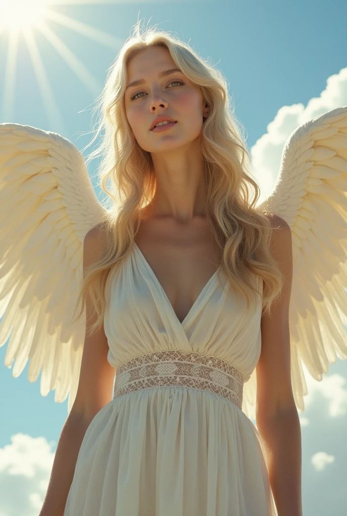 Superior Quality、masterpiece、beautiful female angel, angel ring, large wings, small chest, full body portrait、long face, wearing sheer white lace dress, in Heaven, against sun and blue sky, (photorealestic:1.4)、RAW PHOTO、Detailed facial structure、--ar 16:9 , 19 years , European