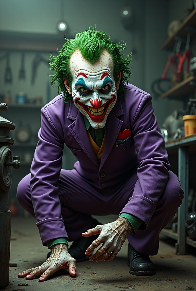 Joker from the cartoon dressed as a mechanic