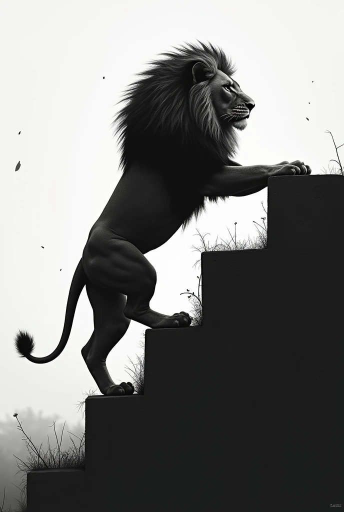 Motivational Image of a Lion Trying his last energy and his last opportunity to reach to the top, Minimalistic, black and white theme, with the text "One Last Shot"