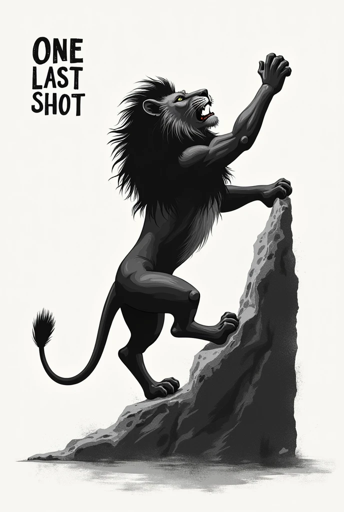 Motivational Image of a Lion Trying his last energy and his last opportunity to reach to the top, Minimalistic, black and white theme, with the text "One Last Shot"