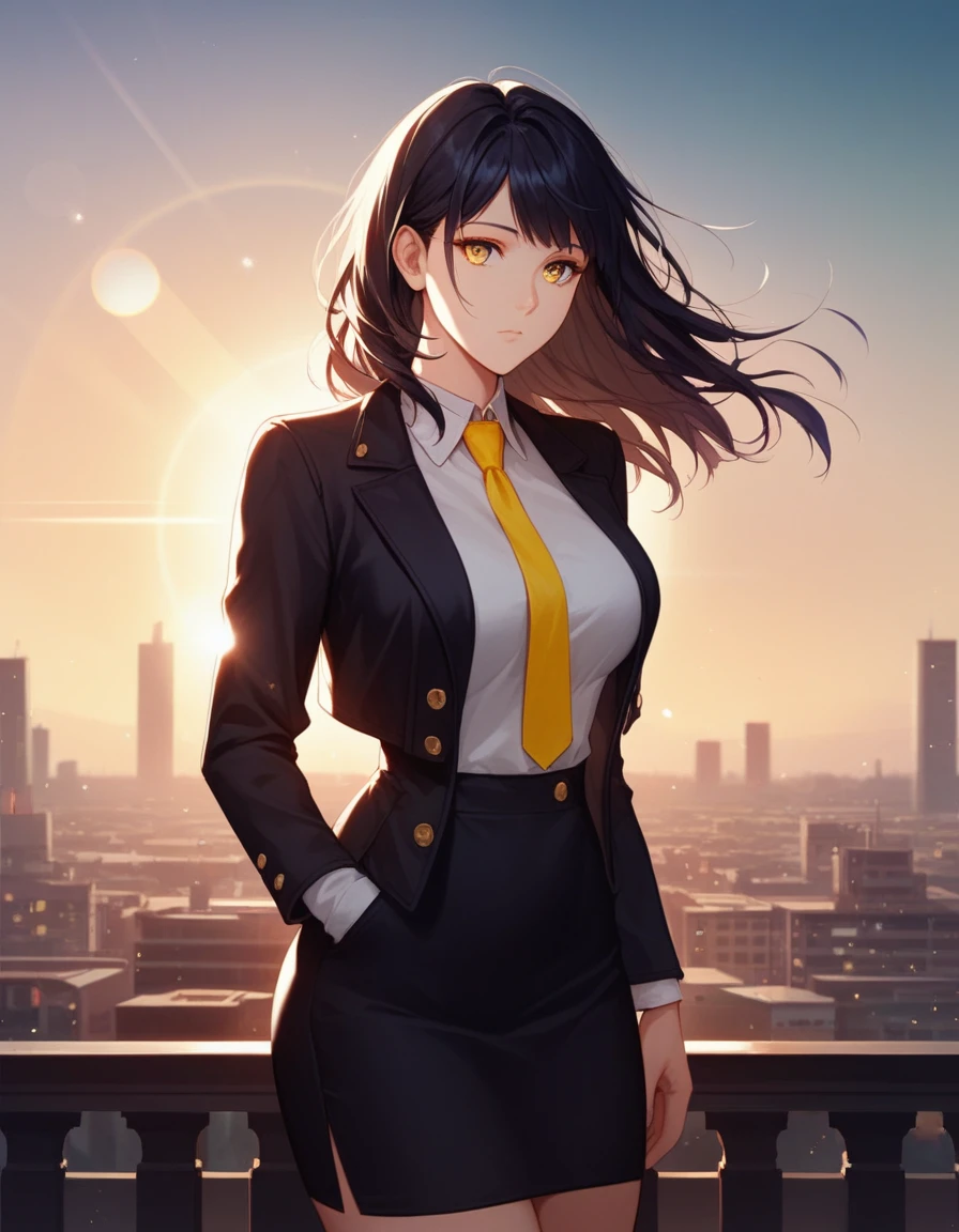One girl, Intricate details, masterpiece, Highest quality, Very detailed,Cinema Lighting, Beautiful sparkle, Beautifully detailed face and eyes, 8k, Dark intense shadows, Yellow Eyes, Medium Hair, Black Hair, bangs, Floating Hair, Black jacket, Open jacket, White shirt, Expressionless, Yellow tie, Black Skirt, Spotlight, sunlight, sunrise, Gradient Sky, city, Lens flare, Cowboy Shot, [[Curvy]], [Mature Woman]