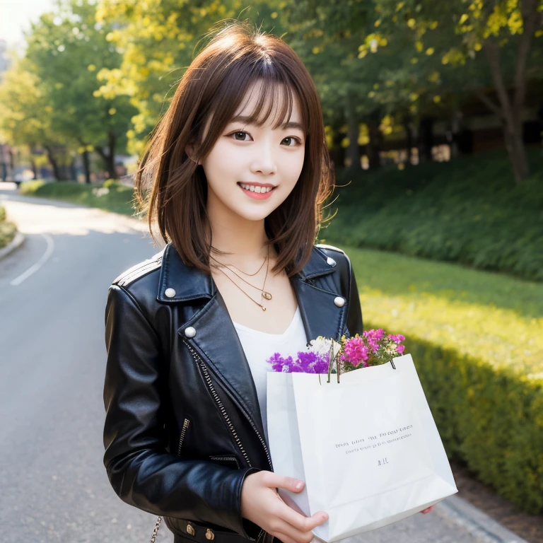 Beautiful young woman,Asymmetrical hairstyle,Brown hair, black eyes,Spring Highway,Natural lighting,Black Leather Jacket,Magic Time,Turn to me and smile,I had a shopping bag,Happy moments,necklace,Flower Hair Ornaments,