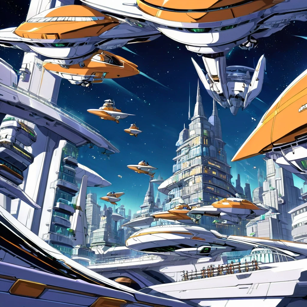 spaceships flying over a futuristic city with a star filled sky, utopian space ship, futuristic spaceships, small retro starship in the sky, futuristic starship, futuristic spaceship, space ships, high tech spaceships, futuristic space station, space ship, cartoon fantasy spaceship, spaceship design, retro spaceships parked outside, small starship near, flying spaceships, spaceships