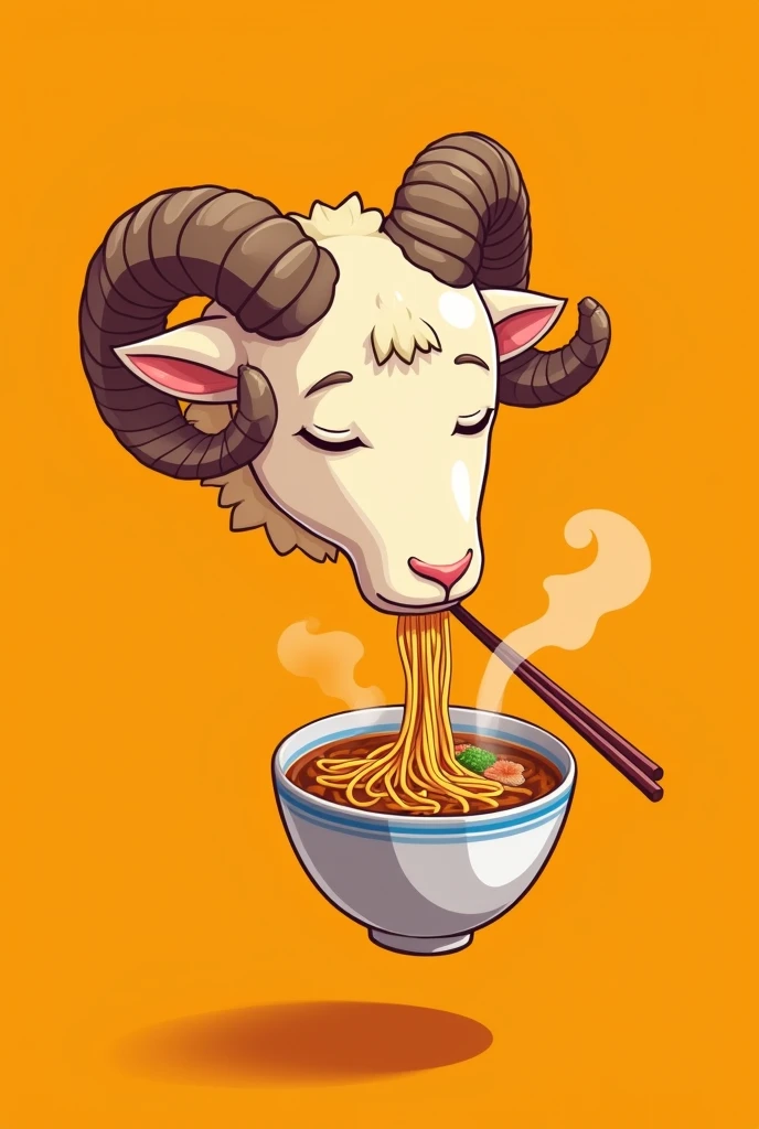 2D cartoon floating head of a disembodied ram, slightly sideways, With horns, with eyes closed, eating ramen with chopsticks, on an orange background