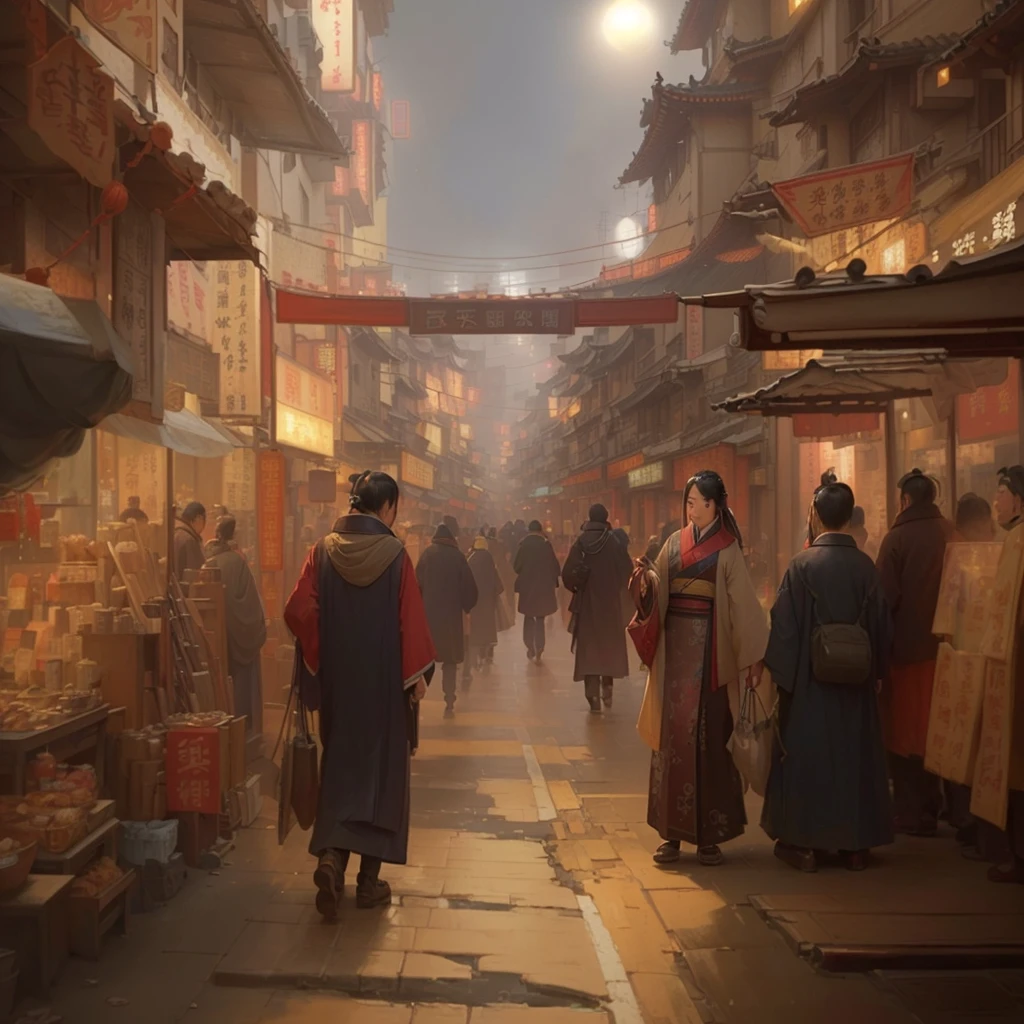 people々A picture of a busy street where people walk around, Luan Jia, Dreamy city in China, Painterly concept art, by Han Gan, Digital Painting Concept Art, Old Japanese street market, Bayard Wu, Written by Zou Zhe, Chinatown Blade Runner, by Zou Igui, Written by Nie Yuanlu