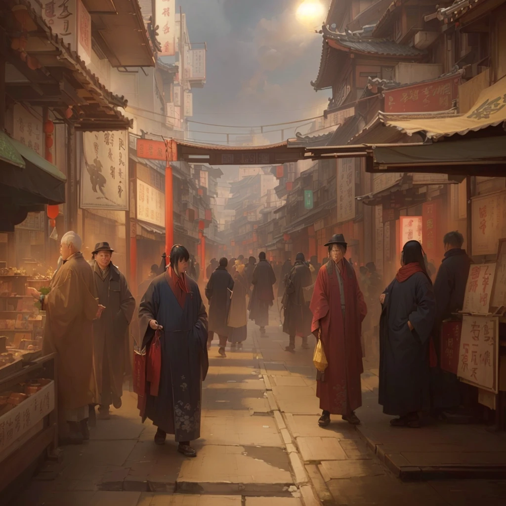 people々A picture of a busy street where people walk around, Luan Jia, Dreamy city in China, Painterly concept art, by Han Gan, Digital Painting Concept Art, Old Japanese street market, Bayard Wu, Written by Zou Zhe, Chinatown Blade Runner, by Zou Igui, Written by Nie Yuanlu