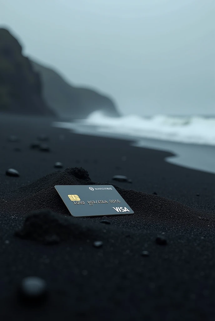 A visa card in the black sand of a beach