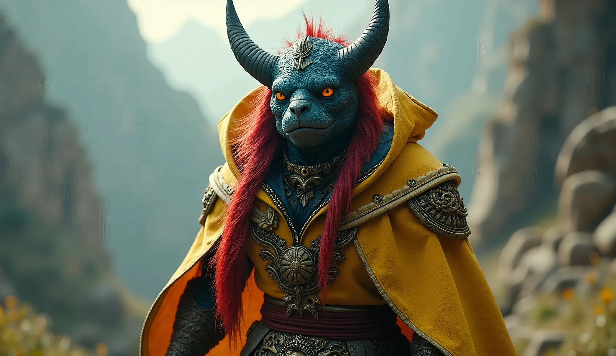 Colombia as a southamerican League of Legend creature in yellow, dark blue and red colors. Intricated clothing. Cinematic Fantasy sci-fi landscape background