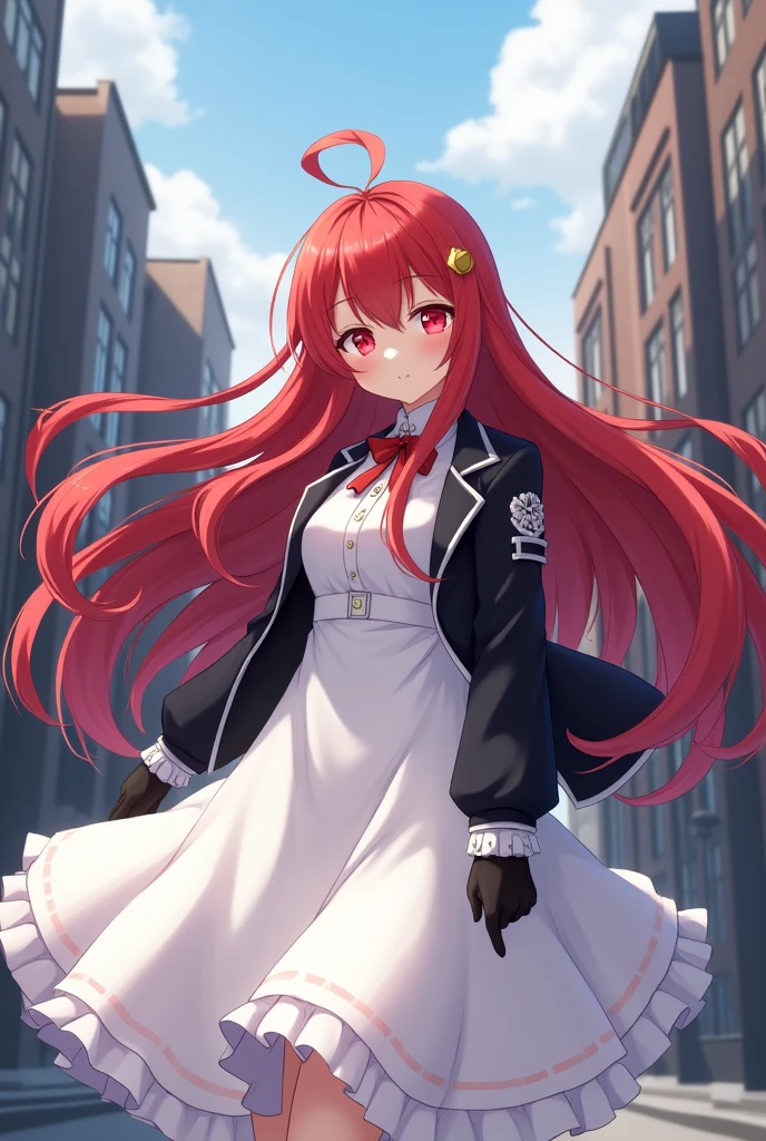 ((masterpiece,best quality)),8k wallpaper,1girl, long hair, red hair, solo, dress, red eyes, looking at viewer, long sleeves, standing, building, white dress, gloves, hair ornament, black jacket, smile, floating hair, dutch angle, closed mouth, looking away, outdoors