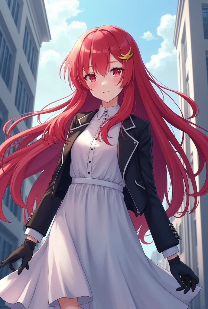 ((masterpiece,best quality)),8k wallpaper,1girl, long hair, red hair, solo, dress, red eyes, looking at viewer, long sleeves, standing, building, white dress, gloves, hair ornament, black jacket, smile, floating hair, dutch angle, closed mouth, looking away, outdoors