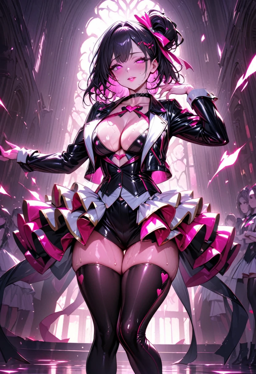 A young and beautiful person,(Highest quality,Extremely detailed depiction,Incredibly absurd high resolution,Anatomically accurate depiction,Nice hands, Perfect Fingers,Curvy Legs),(Glowing Skin,Shiny skin),(Sexy Idol),(Cute idol costume in white and pink,Black Leather Jacket:1.3,Cute hairstyle,tights,Choker of Hearts,boots,),eyelash,(Bright pink eyes,There is cleavage in the chest,A seductive smile,Glossy Lips,Seductive gestures),Sweat,whole body