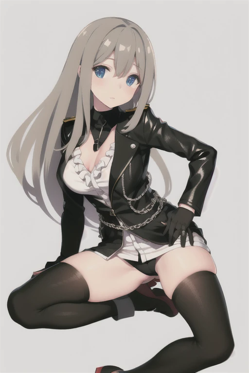 lexington \(warship girls r\),((masterpiece)),(((best quality))),((ultra-detailed)),((illustration)),((disheveled hair)),((frills)),black leather rider jacket, office in the dark, Fingertips of black leather gloves on both hands, wearing black leather gloves, sitting in a black leather chair、 Japanese female new employee (black leather gloves cover both hands) (The angle is horizontal)、black leather leather pants, black leather black leather pants, black leather skinny pants、Long black leather boots on both feet、 ((He wears black leather gloves on his hands))Full body photo, full body shot full body full body leather suit, ☺If you turn in this direction。wearing black leather gloves, wearing black leather gloves, wearing black leather gloves, wearing black leather gloves, wearing black leather gloves, wearing black leather gloves,Blue eyes with highlights,flaxen long hair(delicate eyes),