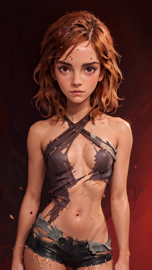 one girl, hermione granger, solo, abs, slender body, (upper body, bust:1.2), brown eyes, brown hair, red clothes, bare shoulders, masterpiece, highly detailed, look at viewer, shiny blured orange background, gradient sprayed background, front view, gradient red purple background, blured background, glowing edges of image, (paint splashes:1.3), abstract, psychodelic, (torn clothes, transparent clothes:1.3)