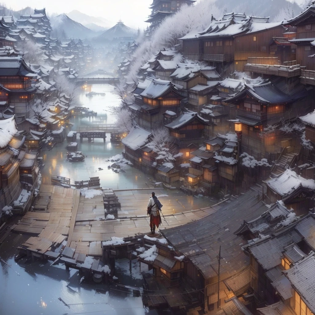 A man stands on a bridge in a village, Traditional Japanese concept art, Japanese Street, sekiro mountain, Ismail Inceoglu and Luan Jia, detailed 4K Concept Art, 4k resolution concept art, Beautiful concept art, 4K Concept Art, Video game concept art, 4K Concept Art, High quality digital concept art, Japanese Village