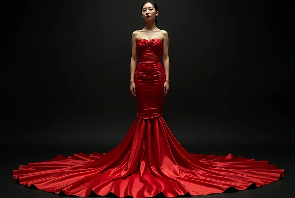 Asian woman mummified in red satin, mermaid-style, fabric clings tightly, immobile, full-body encapsulation, entirety of fabric about 7 meters in length trailing dramatically, overlong satin train, extreme detail on the texture of the satin, highlighting its reflective quality, cinched at the ankle, vibrant red against monochrome background, dramatic lighting, ultra realistic, high-resolution photography.