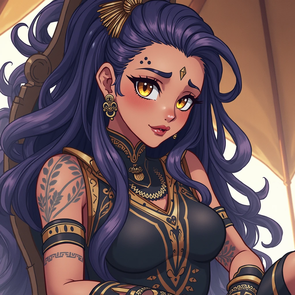 Dark skin woman, dark purple hair, gold eyes, tribal chief, tattoos, tribal clothing, in grand tent, sitting on throne, legs crossed, looking at viewer, anime style, anime scene