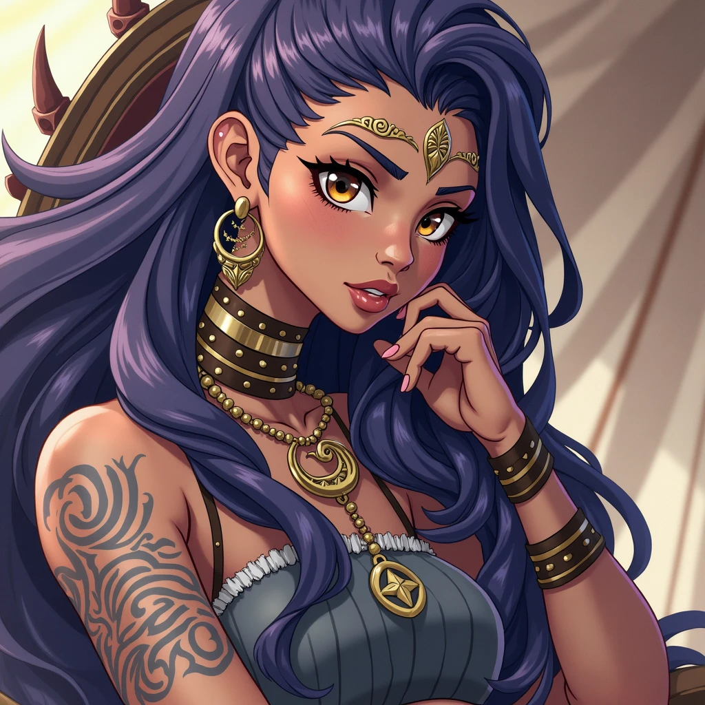 Dark skin woman, dark purple hair, gold eyes, tribal chief, tattoos, tribal clothing, in grand tent, sitting on throne, legs crossed, looking at viewer, anime style, anime scene