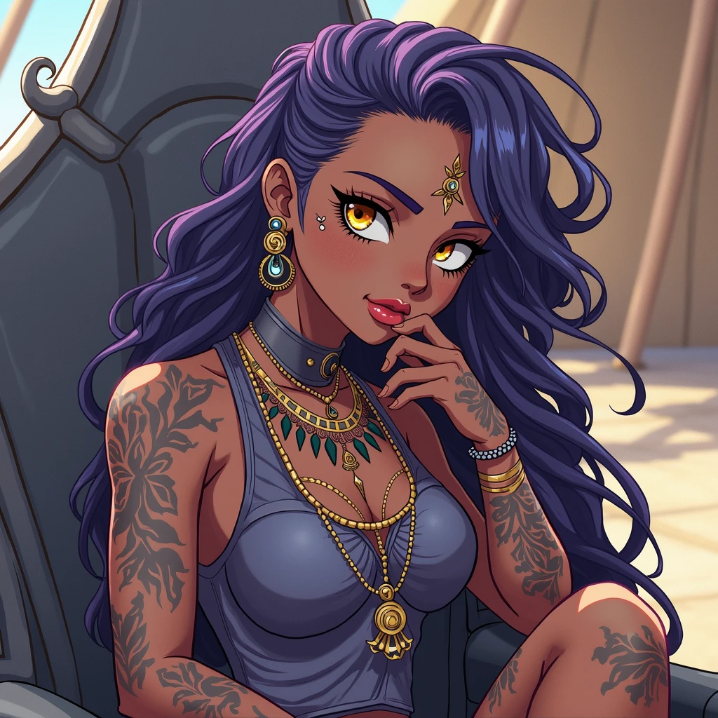 Dark skin woman, dark purple hair, gold eyes, tribal chief, tattoos, tribal clothing, in grand tent, sitting on throne, legs crossed, looking at viewer, anime style, anime scene