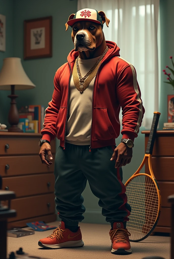 Make a pitbull standing on two legs dressed in clothes from 2000s rappers and in the background his room with a tennis rack