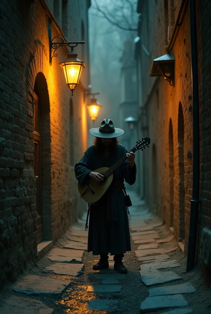 A lone bard plays the lute in a dark alley