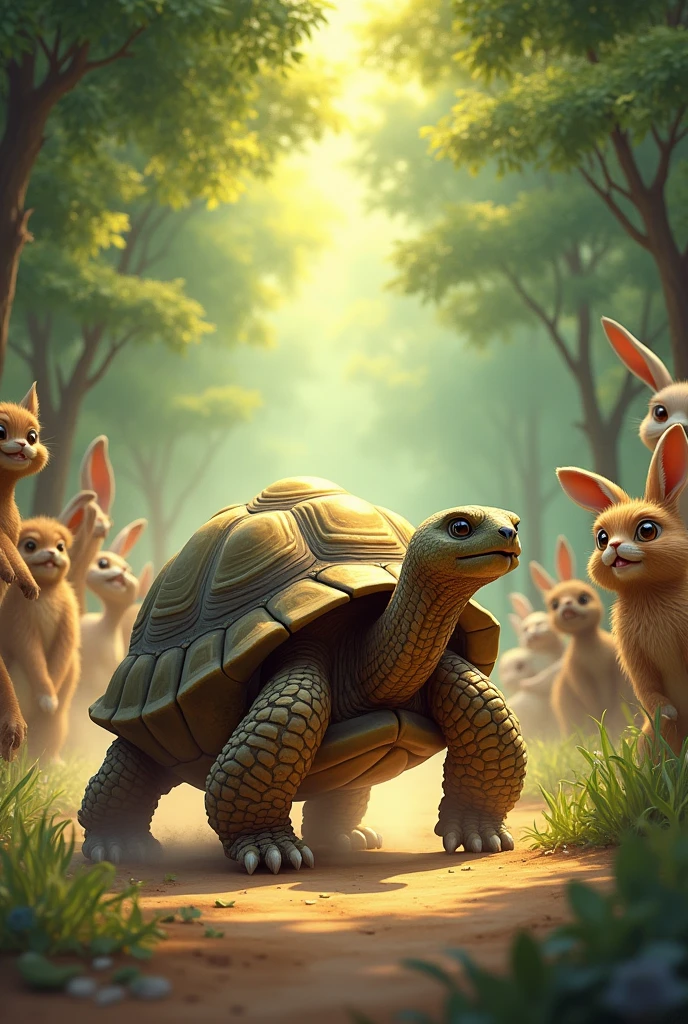 The Tortoise Wins: The tortoise crossing the finish line with a look of determination, while the hare is racing desperately to catch up but is too late. The forest animals are cheering for the tortoise.

