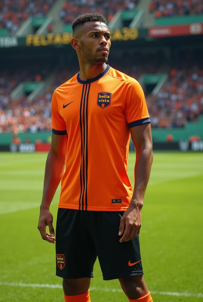 Customize soccer uniform in primary orange color with 4 thin vertical stripes in navy blue color, black shorts and shield on the left side of the chest with the word bela vista written on it