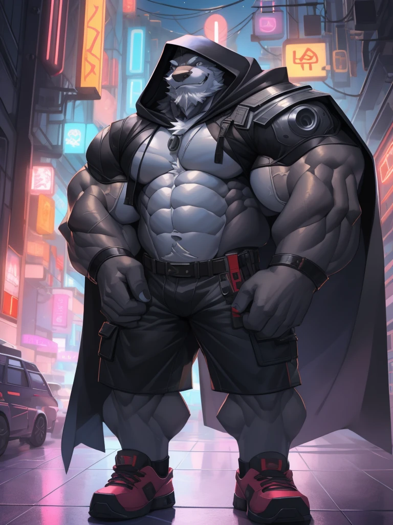 Solo, 1boy, perfect anatomy, perfect proportion, (cyberpunk style, hood, cloak, neon lights, high-tech clothing), perfect center, sharp eyes, big eyes, peaceful, eyes, halo, (smile, happiness), calm, perfect fingers, big hand, fingers. Huge Muscular Old man with short hair, shoes, (cargo shorts), view from side, pectoral, thick arms, huge pectoral, wide pectoral, white hair, white beards, simple background, masterpiece, semirealistic:1.2, high detailed, 8k, high resolution, perfect center, full view. ((really big muscle, massive muscular, sixpack, thick arms, wide pectoral, super huge muscle, hyper muscular, over sized muscle, huge arms, big arms, huge pectoral))