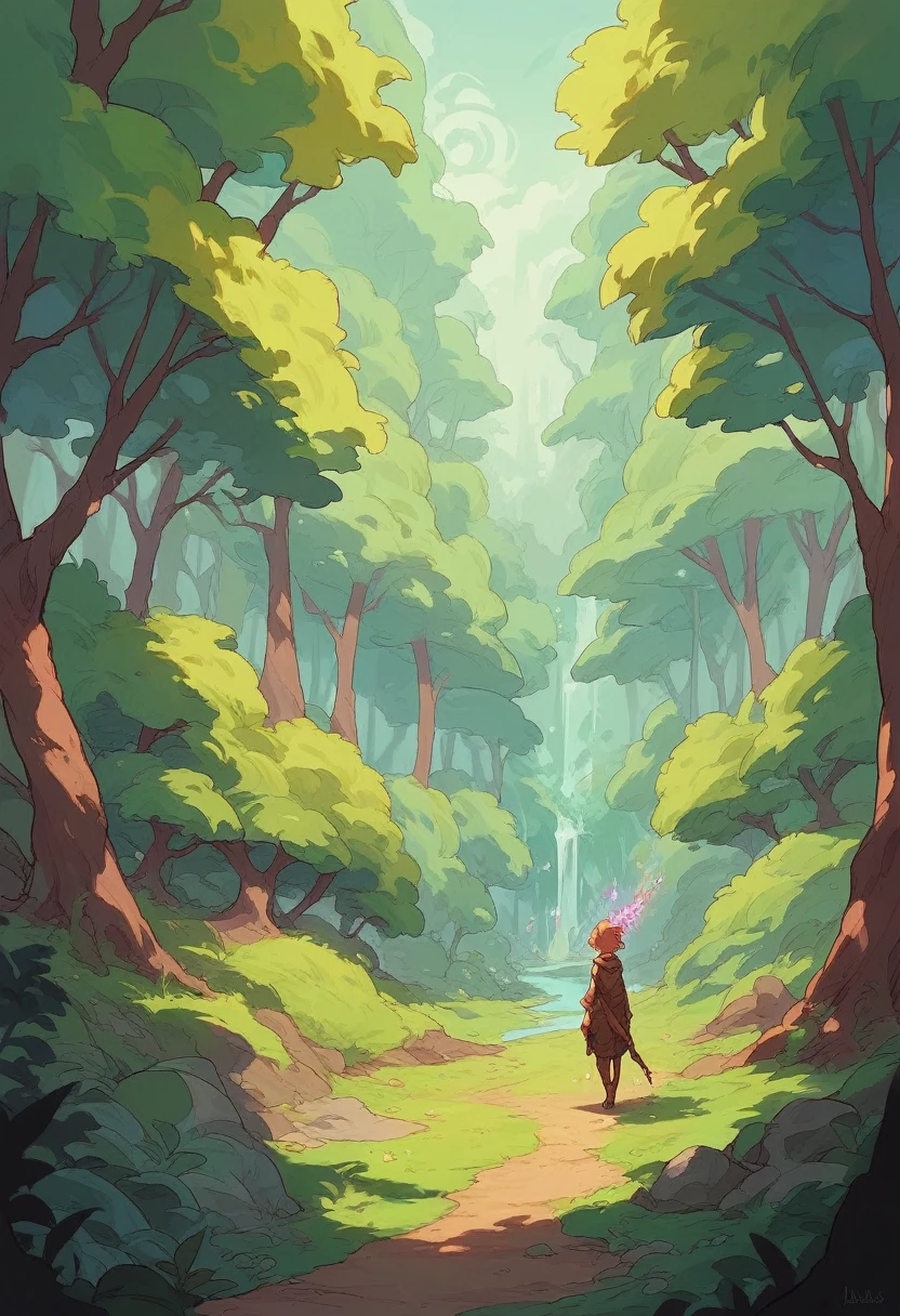 Description: a magical forest with a woman looking sideways, bottom: Magic Forest, Illustration Style: paint