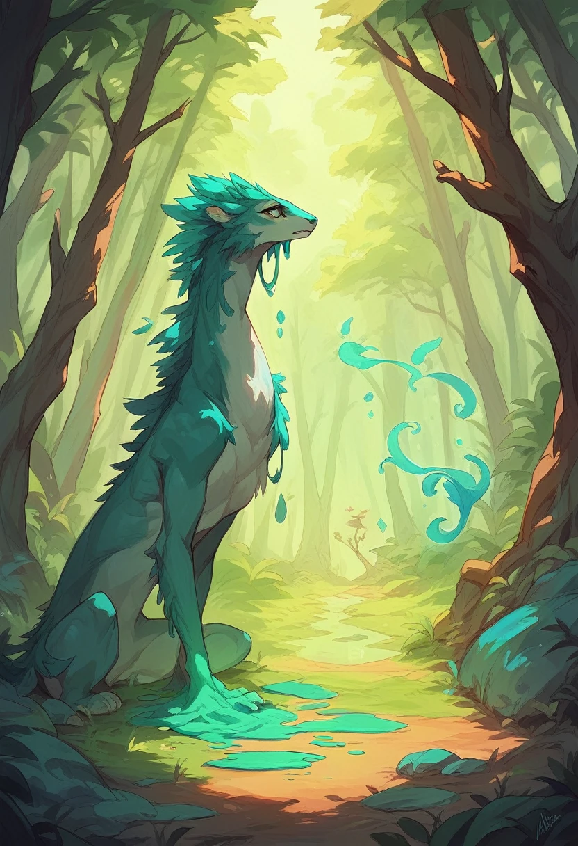 Description: a magical forest with a woman looking sideways, bottom: Magic Forest, Illustration Style: paint