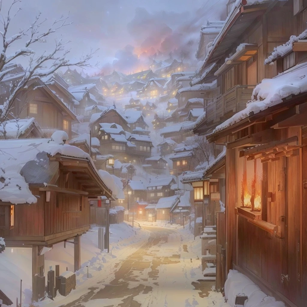 A picture of a street with some houses and a fire in the middle, winter concept art, Digital Painting Concept Art, Painterly concept art, Japanese Village, Painted in an anime artist&#39;s studio, Anime scenery concept art, Japanese Street, Andreas Rocha Style, Concept Art Painting, Highly realistic concept art, By Alexander Guinn, Beautiful concept art