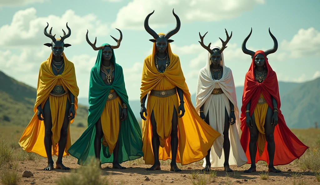 Comoros as an african islander League of Legend creature five mixed colors in green, yellow, white, red and blue colors. Intricated clothing. Cinematic Fantasy sci-fi landscape background