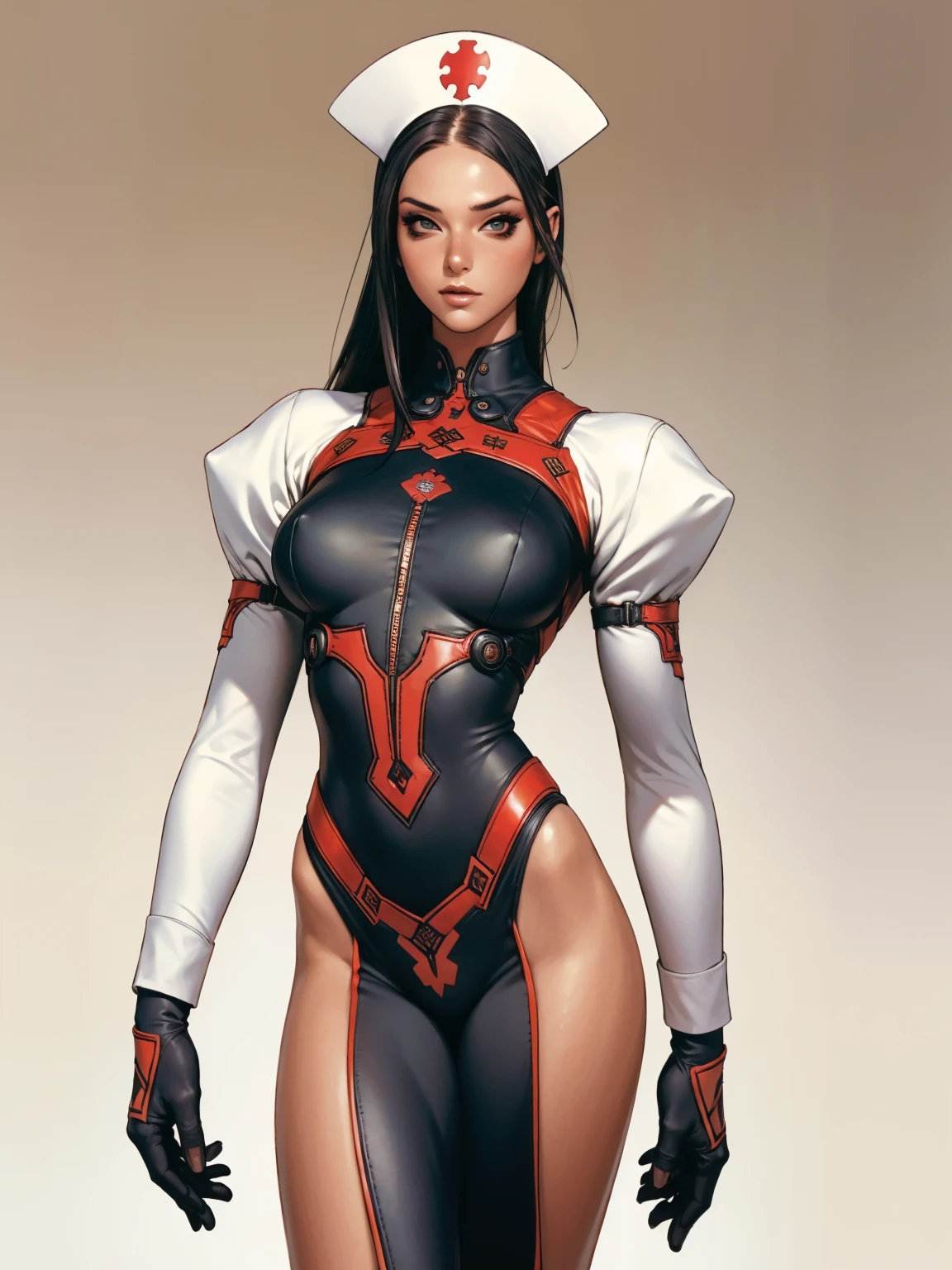 (((short arms))), ((( nurse suit ))), (((bandaged arms))), ((high collar)), (((black with red details))), (((best qualityer: 1.4))), (Unbeatable masterpiece), (hiper HD),(CG 8k hyper-realistic), (((brave face))), (((breasts big))), (((hyper feminine))), sexly girl, Tron,（black bob hair)), ((( sculptural body ))), (((1 Kizi))), Kizi cibernética de 25 anos com perfectbody,,Beautiful and well-groomed face,muscular body:1.2,solid color detailed jacket, (Head to thigh photos)， Complex equipment, green dark，Long pants，Tight clothes are dark，With white stars and off-white stripes,,,,,Armor Metal Electronic Parts, Poison tattoos ) INFO, Kizi, (((standing alone))), pirralha violent, (((14歳))), sexly, pose de atitude, work of art, post-apocalypse, (((manga style))), bounty hunter, violent, Manic, the way you want, slenderbody, thin but strong, perfectbody, roupa moderna, advanced technology, neon, sleeves with vertical striped pattern, neutral background, (( cowboy shot )). intricate visual