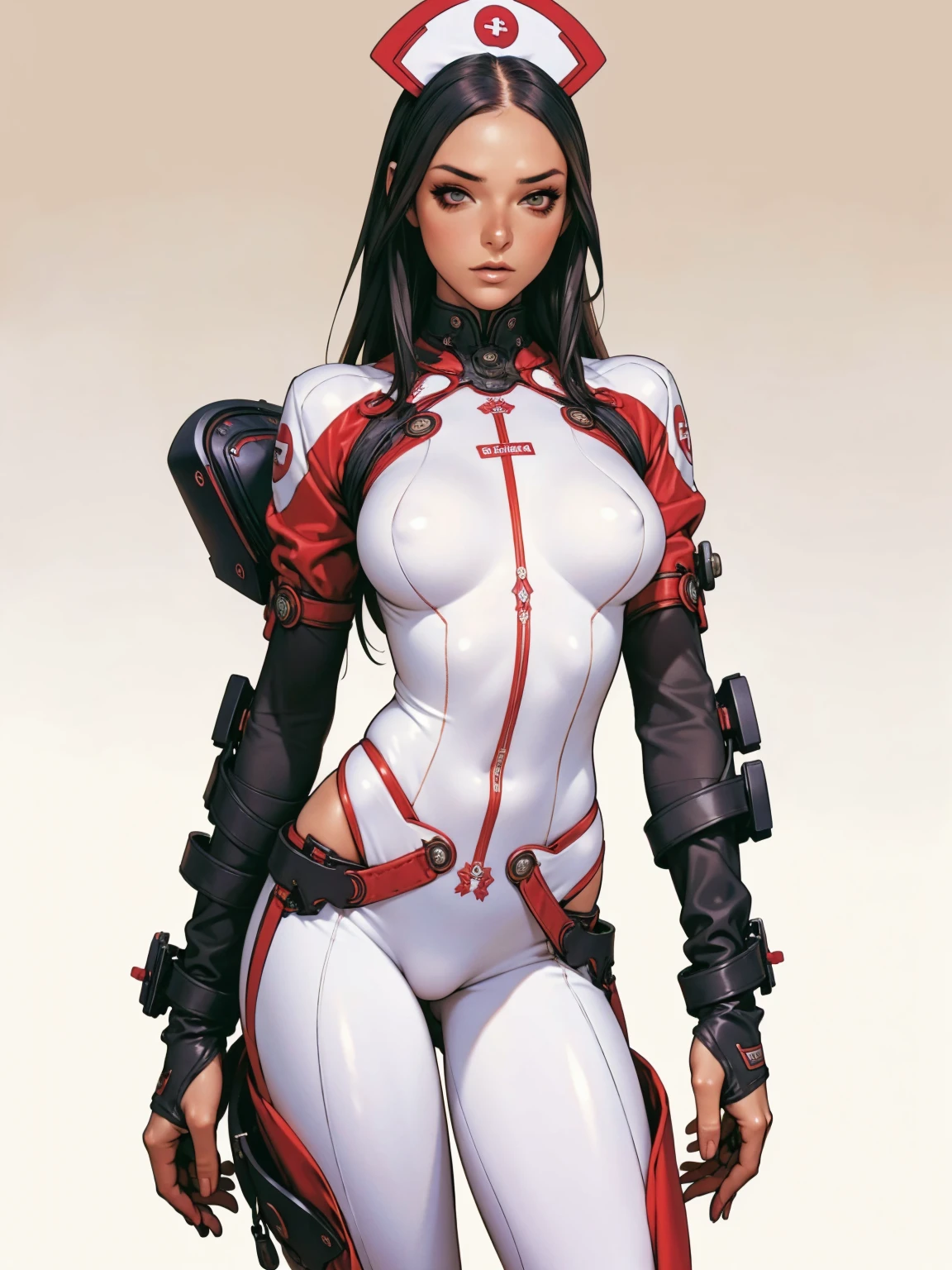 (((short arms))), ((( nurse suit ))), (((bandaged arms))), ((high collar)), (((black with red details))), (((best qualityer: 1.4))), (Unbeatable masterpiece), (hiper HD),(CG 8k hyper-realistic), (((brave face))), (((breasts big))), (((hyper feminine))), sexly girl, Tron,（black bob hair)), ((( sculptural body ))), (((1 Kizi))), Kizi cibernética de 25 anos com perfectbody,,Beautiful and well-groomed face,muscular body:1.2,solid color detailed jacket, (Head to thigh photos)， Complex equipment, green dark，Long pants，Tight clothes are dark，With white stars and off-white stripes,,,,,Armor Metal Electronic Parts, Poison tattoos ) INFO, Kizi, (((standing alone))), pirralha violent, (((14歳))), sexly, pose de atitude, work of art, post-apocalypse, (((manga style))), bounty hunter, violent, Manic, the way you want, slenderbody, thin but strong, perfectbody, roupa moderna, advanced technology, neon, sleeves with vertical striped pattern, neutral background, (( cowboy shot )). intricate visual