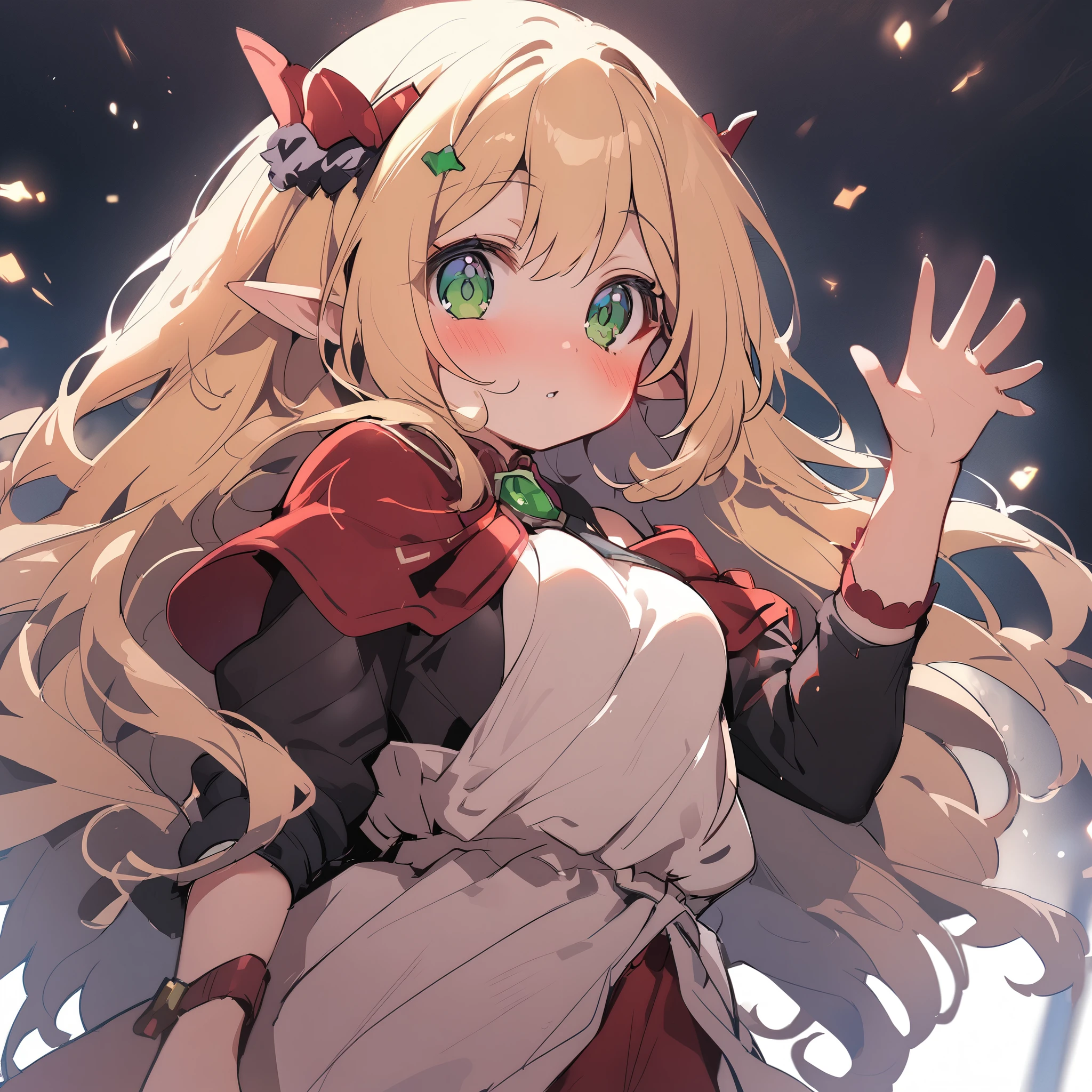 1 girl, princess connect(alisa),elf,elf_ear , (increasing the weight makes things worse),Raise the hand, Are standing, bangs, just_shoulder , blonde, green eyes, blush,long hair,uniform