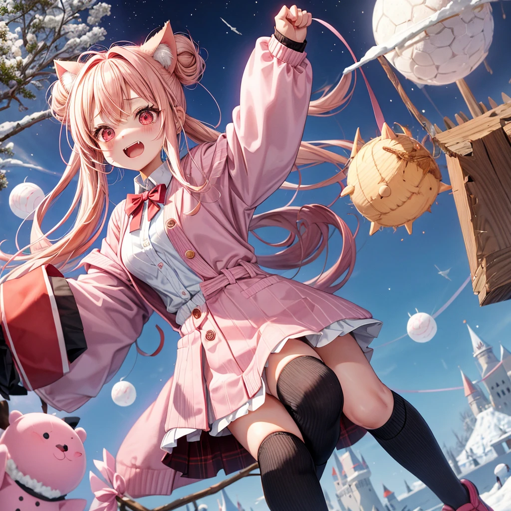 Pink Blonde、Red eyes、Hair tied up、One cute girl、solo、Checked mini skirt、black t-shirts、cardigan、coat、Knee-high socks、bear ears baseball cap、Burning Full Moon、The tree is dead、Electric spectaculars、Snowballs are piling up、Cat Snowman、Teeth are visible、Monster Castle、Tilting face