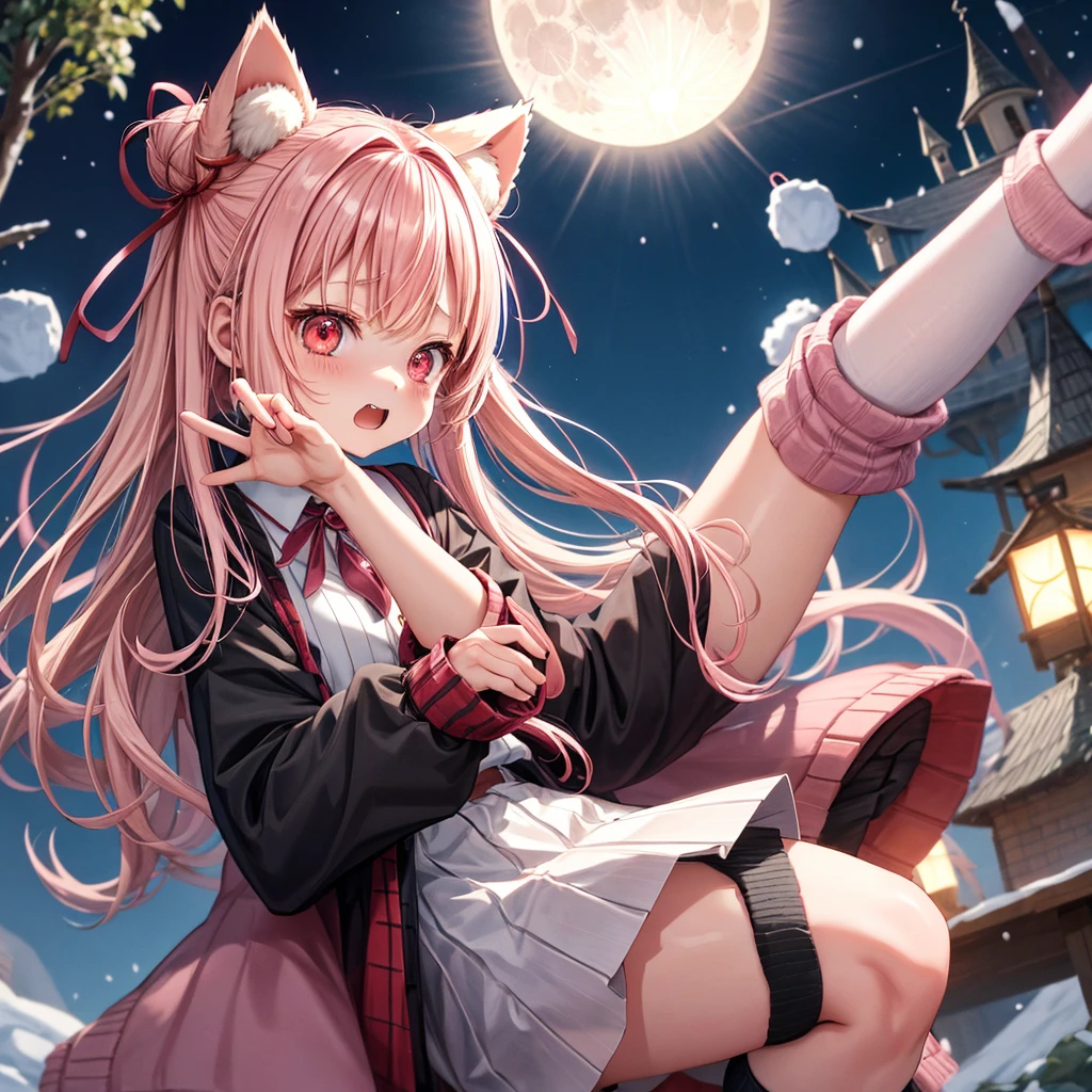 Pink Blonde、Red eyes、Hair tied up、One cute girl、solo、Checked mini skirt、black t-shirts、cardigan、coat、Knee-high socks、bear ears baseball cap、Burning Full Moon、The tree is dead、Electric spectaculars、Snowballs are piling up、Cat Snowman、Teeth are visible、Monster Castle、Tilting face