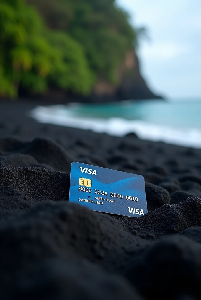 A visa card in the black sand of a beach in Tahiti