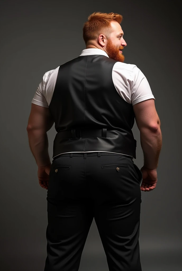 One Man, muscular, jocks, athletic, ginger, wearing suit vest clothes, big butt, huge ass, comically massive ass, bubblebutt, thick, thicc, thick ass, thick legs, thick thighs, huge butt cheeks, ass huge, showing butt to camera, smiling, looking back at camera, big booty, man booty, men with huge butts, men in suit vest clothes, showing off ass, absolutely massive butt, enormous ass cheeks in suit vest pants, full ass, wide ass, round ass, tight suit vest  pants, abnormally huge butt, unrealistically massive ass, Giant butt cheeks, giant butt, giant ass, dark dress pants, button down shirt, men, bodyguard, suit vest black, gay, fight some thiefs, suit vest black, night