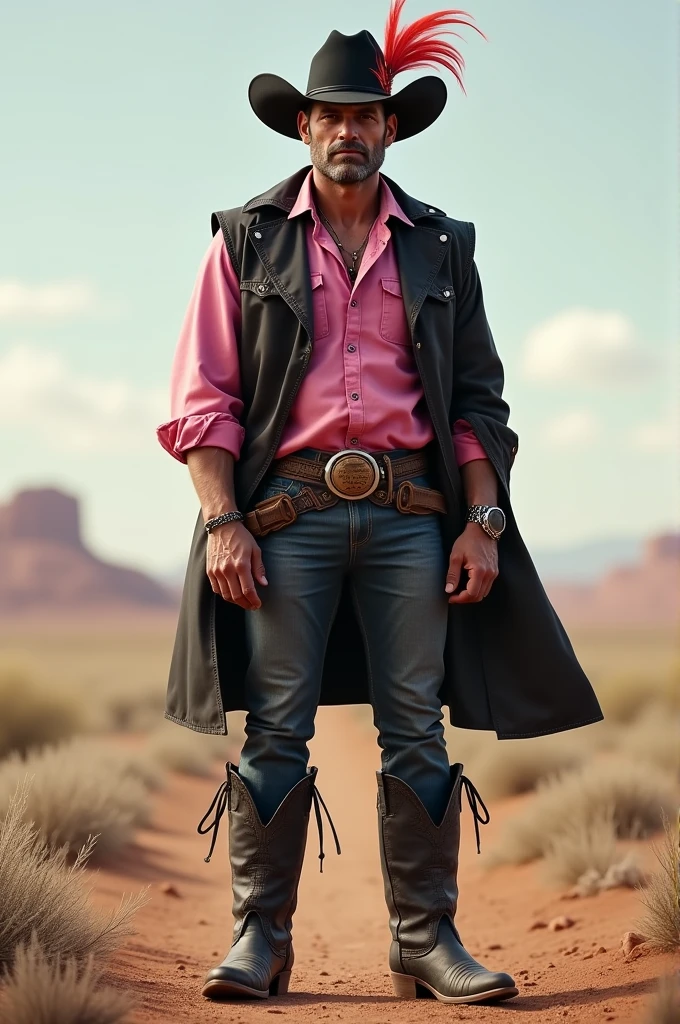 Create me an image of a man wearing black cowboy boots, black canvas pants, a pink long-sleeved shirt, a black jacket, and a black cowboy hat with a feather.