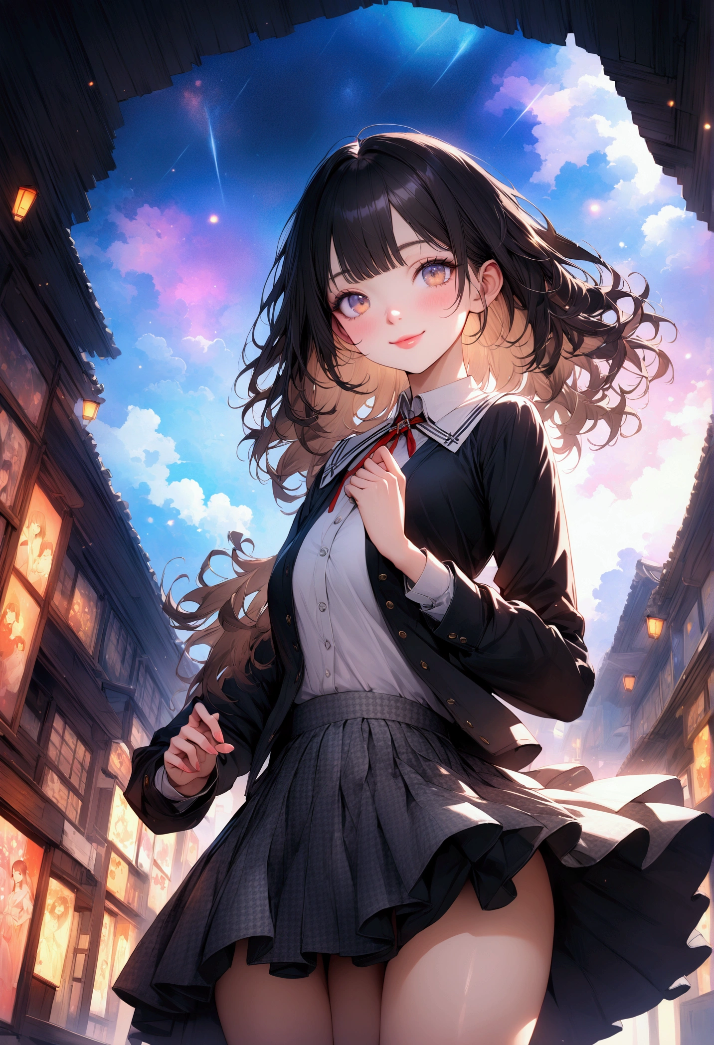 Beautiful Japanese Woman, soft skin and perfect face, A small face with a nose and rosy lips, Beautiful Eyes, Beautiful smile. black, Surrounded by a bright, ethereal glow、Thin, long, beautiful hair. A loose, medium hairstyle with gradation highlights and grey layers, Navy band collar shirt x yellow houndstooth flare skirt, Bright neon colorful background, Hyperrealistic female photos, High quality high resolution 8K masterpiece