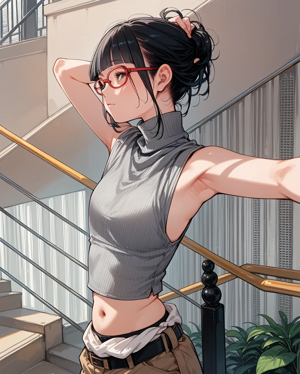 Focus on your audience,Very thin body,Anime Style,Slender figure,delicate,Glasses,Asian woman in grey top and black pants posing on stairs, Sleeveless turtleneck, セクシーなWearing a crop top, Photo of slim girl model, Chiho, T-Top, shikamimi, Wearing a crop top, Real life anime girls, Kurohime cut hair, Shashi, 2 4-year-old female model
