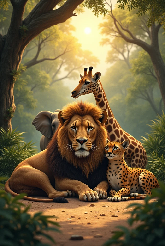 : A final scene with all four animals resting together in a dry, safe spot in the jungle, the lion looking humble and grateful, acknowledging the importance of friendship and unity.