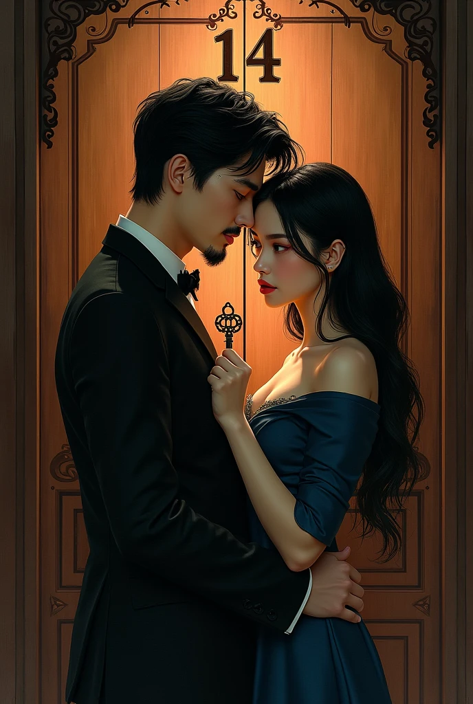 Create image drawing of couple with man black hair goatee, woman with black hair, oriental eyes holding a key and in the background a door with the number 14