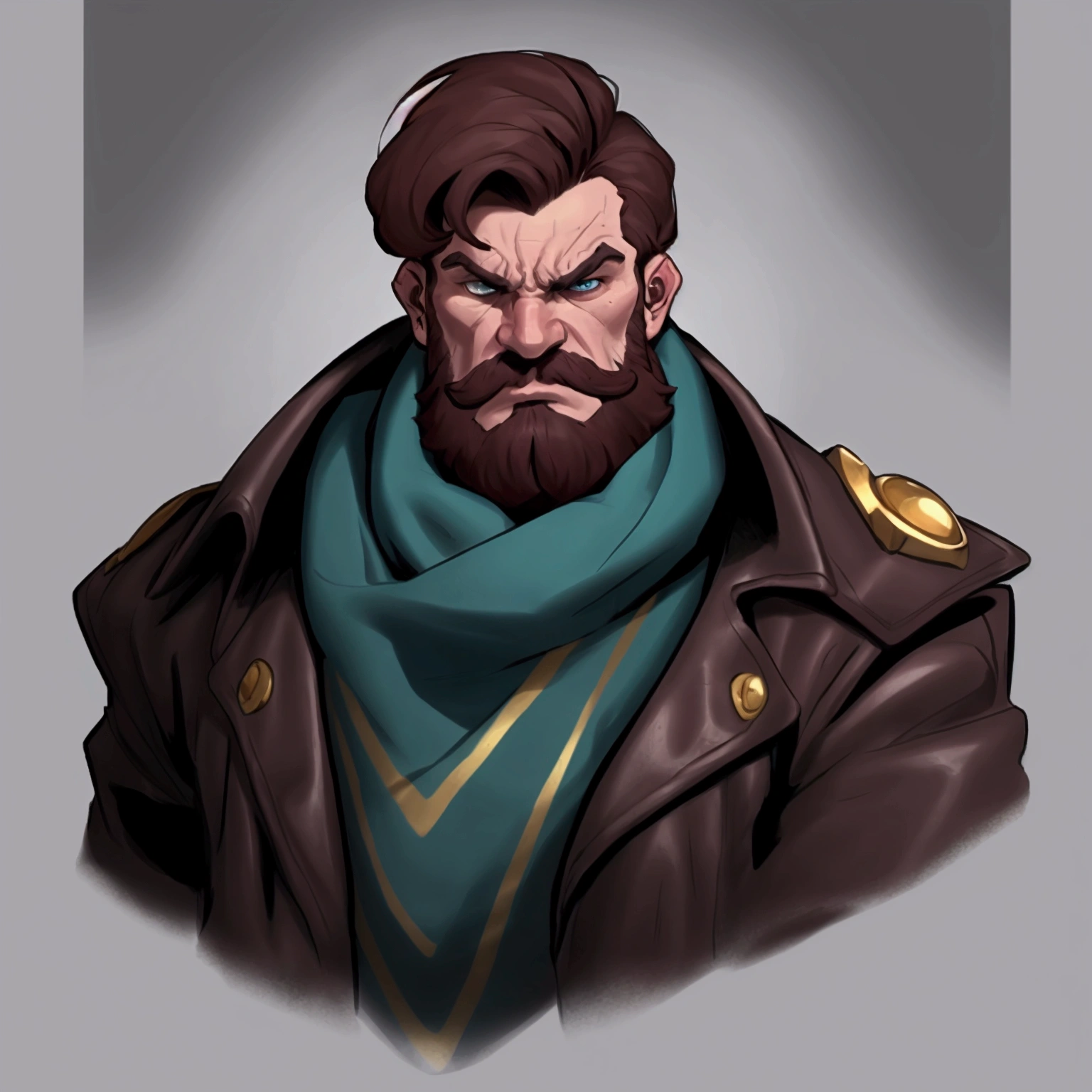 concept art, European comics, American male in his mid-30s,A face and expression that conveys a sense of dignity, brown hair, Hair of moderate length, lifted upwards, The head is split into several clumps along the length., Side hair is tied very short, The moustache is long and covers the sides.. The beard is very long and bushy, long enough to cover the neck, and is rounded in a curly mass., Santa Claus beard length, The chin is long and opens very widely to the sides., The ears protrude in a triangular shape to the sides., The eyebrows are dark, thick and straight., deep eyes, good impression, serious expression, A wrinkle forms between the eyebrows, There are no wrinkles on the forehead.. Wide nose, The nose is slightly red overall., The earlobes are also slightly red, Protruding cheekbones, The face is slightly sunken due to lack of cheek fat, Mouth wide open from side to side, The pupils are blue, Deeply sunken double eyelids, Very big and broad shoulders., Neck is thicker than face, Heart full of strength, Wearing a green shirt, Wearing a copper-colored iron sling, dark brown pants, Wearing iron protection on the arms, Close-up of the upper body