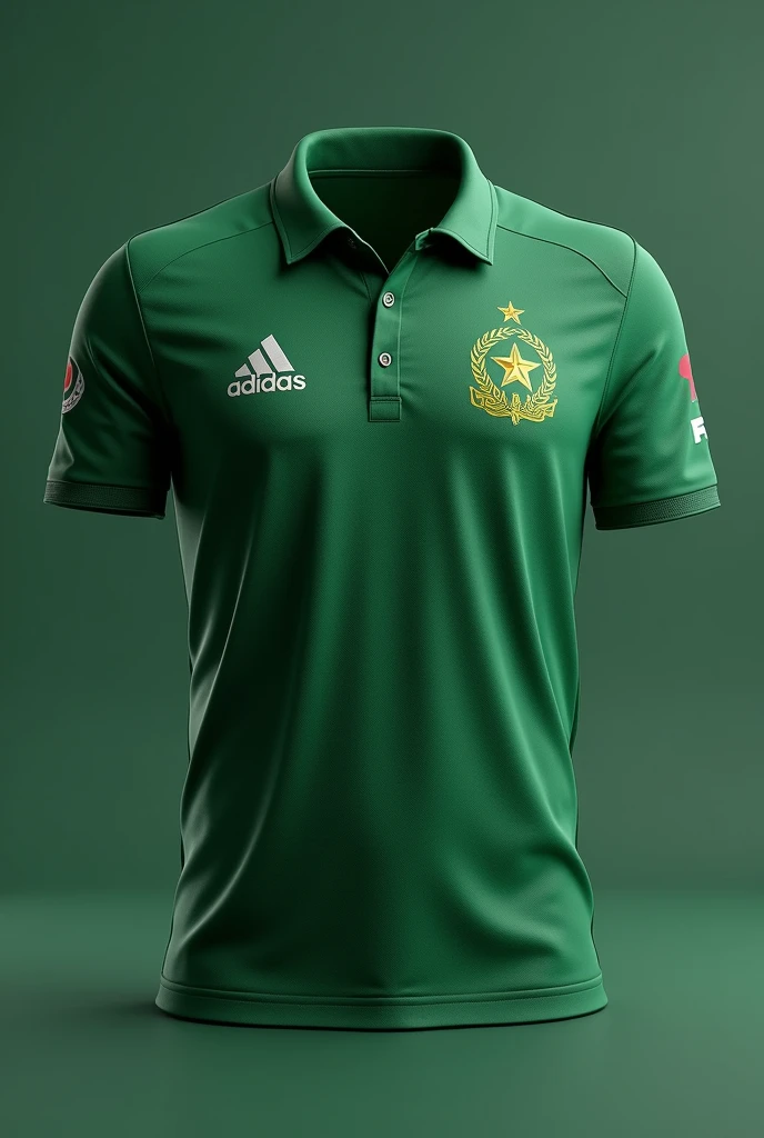 logo cricket shirt in green colour with Pakistan cricket team logo for cricket academy of name Irshad academy in 4k view